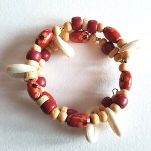 Handmade bracelet memory wire brown faux sea shell wood tan white flower
